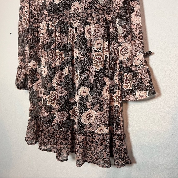Knox Rose Mini Dress Floral Boho Long Sleeve V-Neck Size Large Brown - Picture 10 of 14